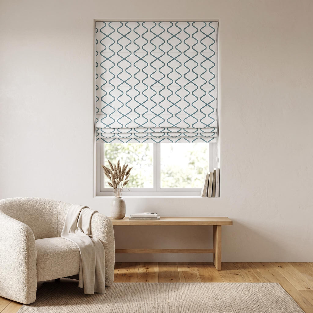 Embroidered Teal Geometric Roman Shade, Cotton Linen Blend Window Treatment