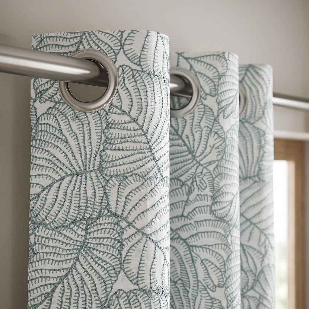 Sage Green Botanical Embroidered Curtains, Tailored Leaf Pattern Drapes for Living Room & Bedroom, Woven Fabric Window Coverings