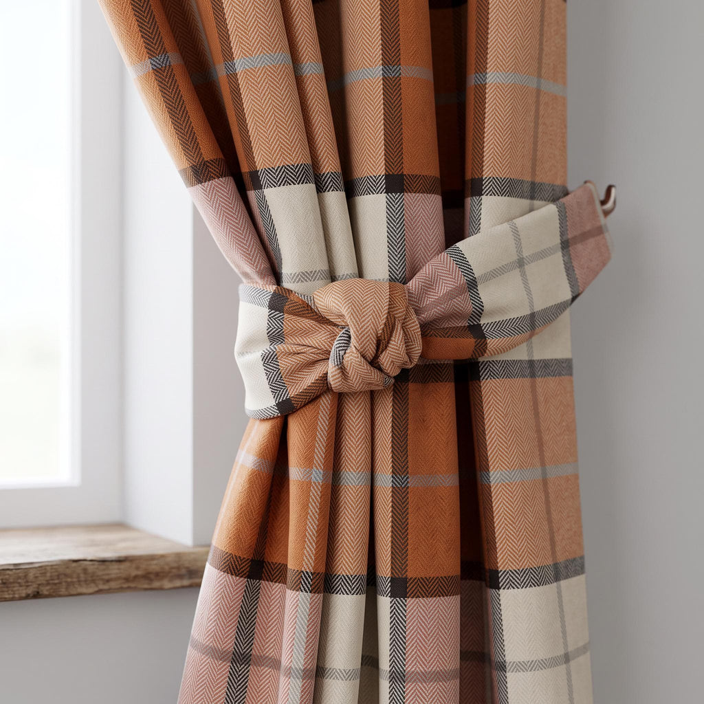 Rust Terracotta Plaid Curtains, Rustic Farmhouse Drapes, Brown Checkered Window Curtains, Custom Made Curtains, Cozy Cabin Decor
