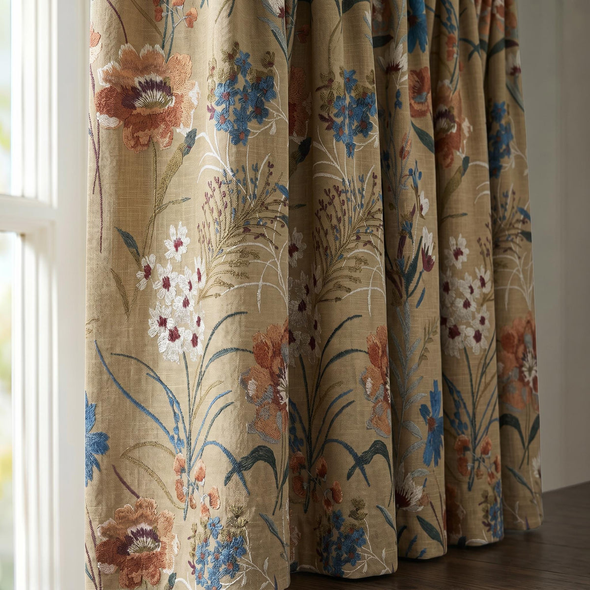 Embroidered Floral Curtains, Beige Linen  Drapes, Custom Floral Window Curtains, Farmhouse Cottage Curtain Panels, Privacy Blackout Curtains