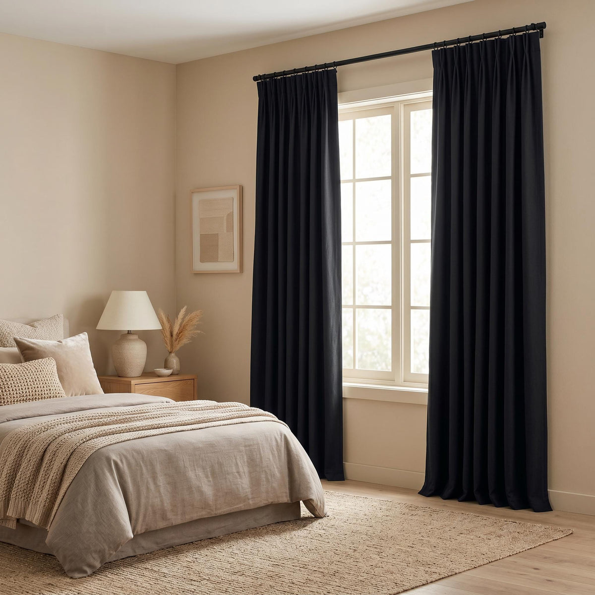 Black Cotton Blend Curtains, Solid Black Drapes, Modern Privacy Curtain Panel, Custom Window Curtains