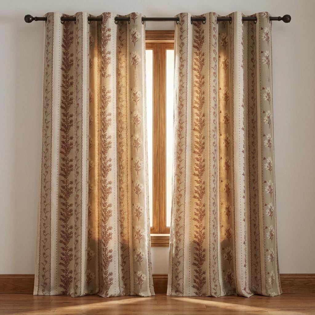 Botanical Stripe Linen Look Curtains, Neutral Beige Floral Drapes, Vintage Farmhouse Window Panels, Custom Curtains