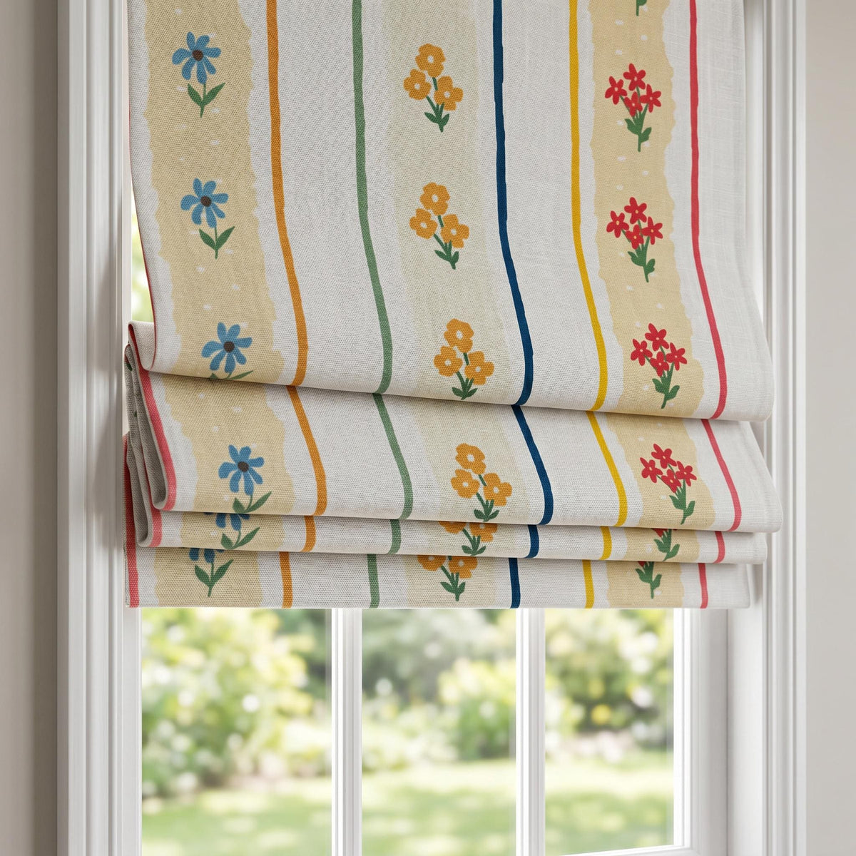 Colorful Floral Stripe Roman Shade, Kids Room Roman Blind, Nursery Window Treatment, Cottage Flower Curtain, Custom Roman Shade