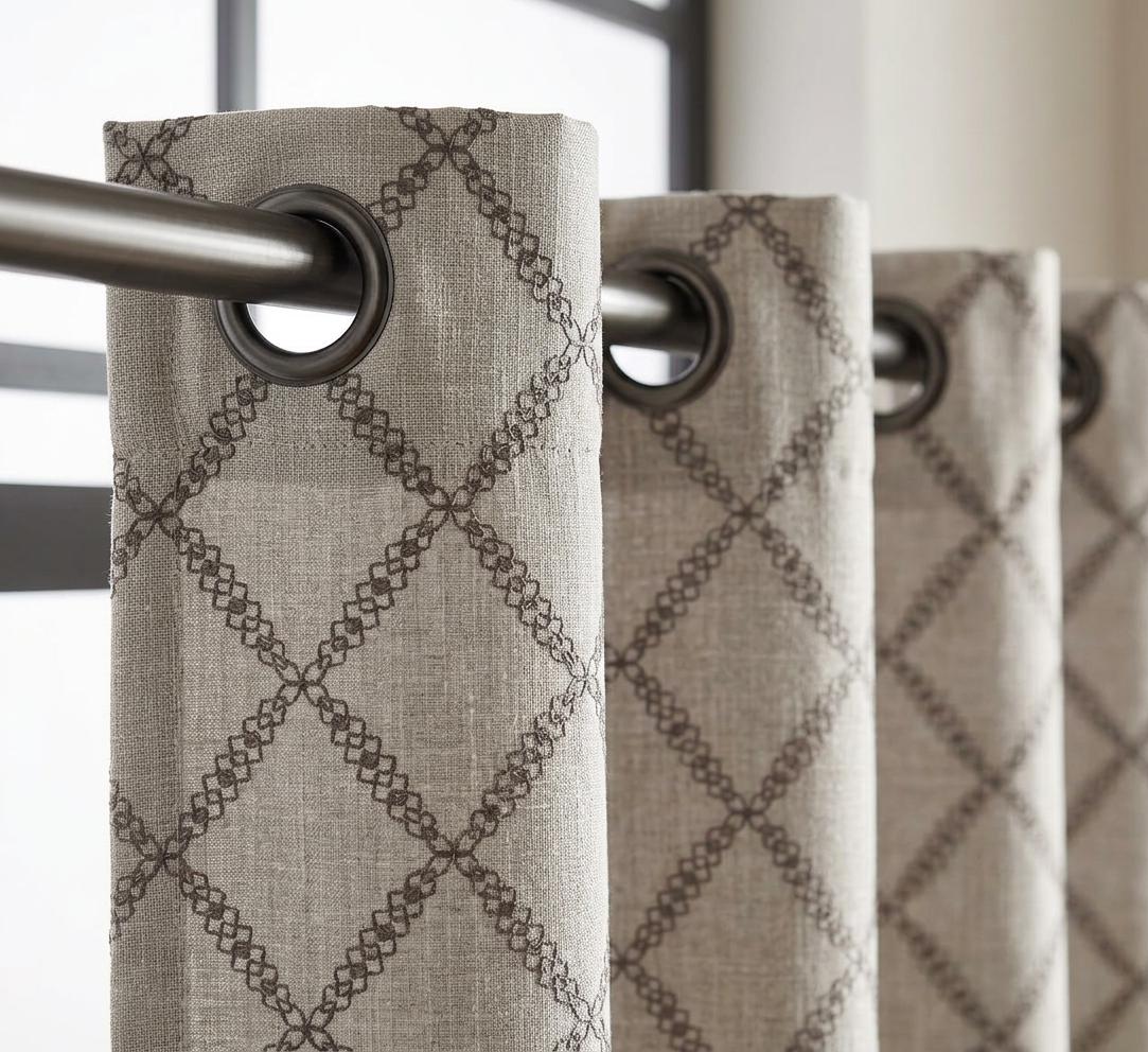 Gray Geometric Trellis Embroidered Curtains, Custom Oatmeal Linen Window Drapes, Modern Farmhouse & Transitional Style Luxury Panels