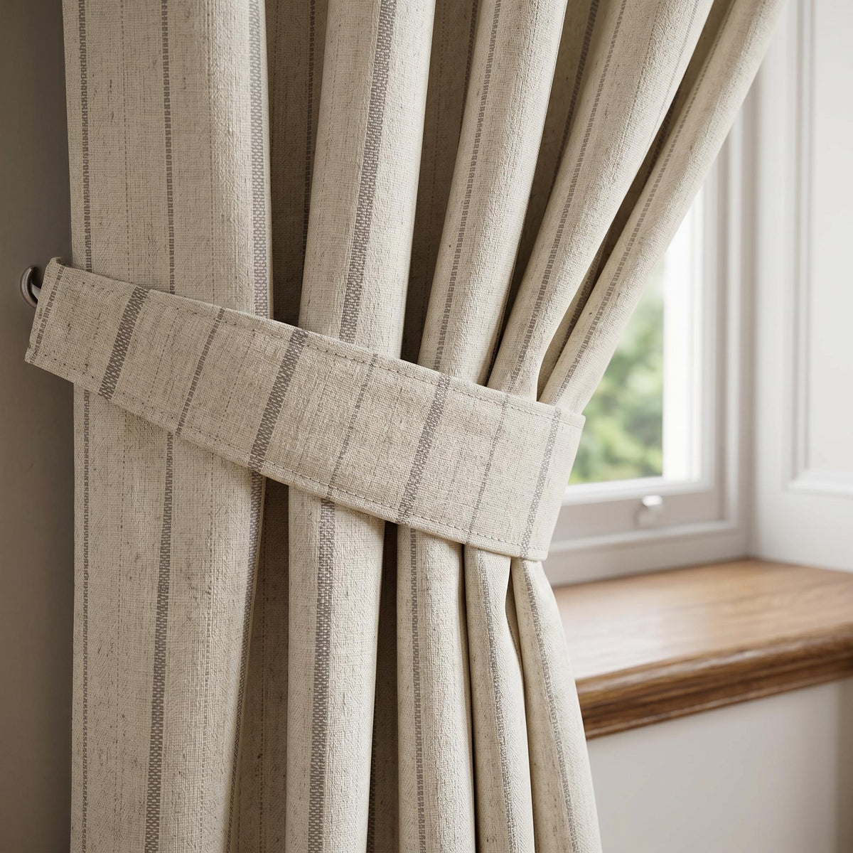 Natural Linen Stripe Curtains, Cotton Blend Custom Drapes, Beige Farmhouse Window Panel