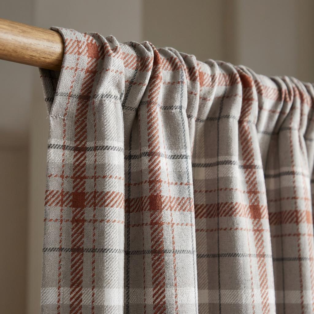 Red Plaid Curtains, Farmhouse Check Drapes, Rustic Cabin Window Panels, Beige & Burgundy Grommet Curtains, Country Living Room Decor