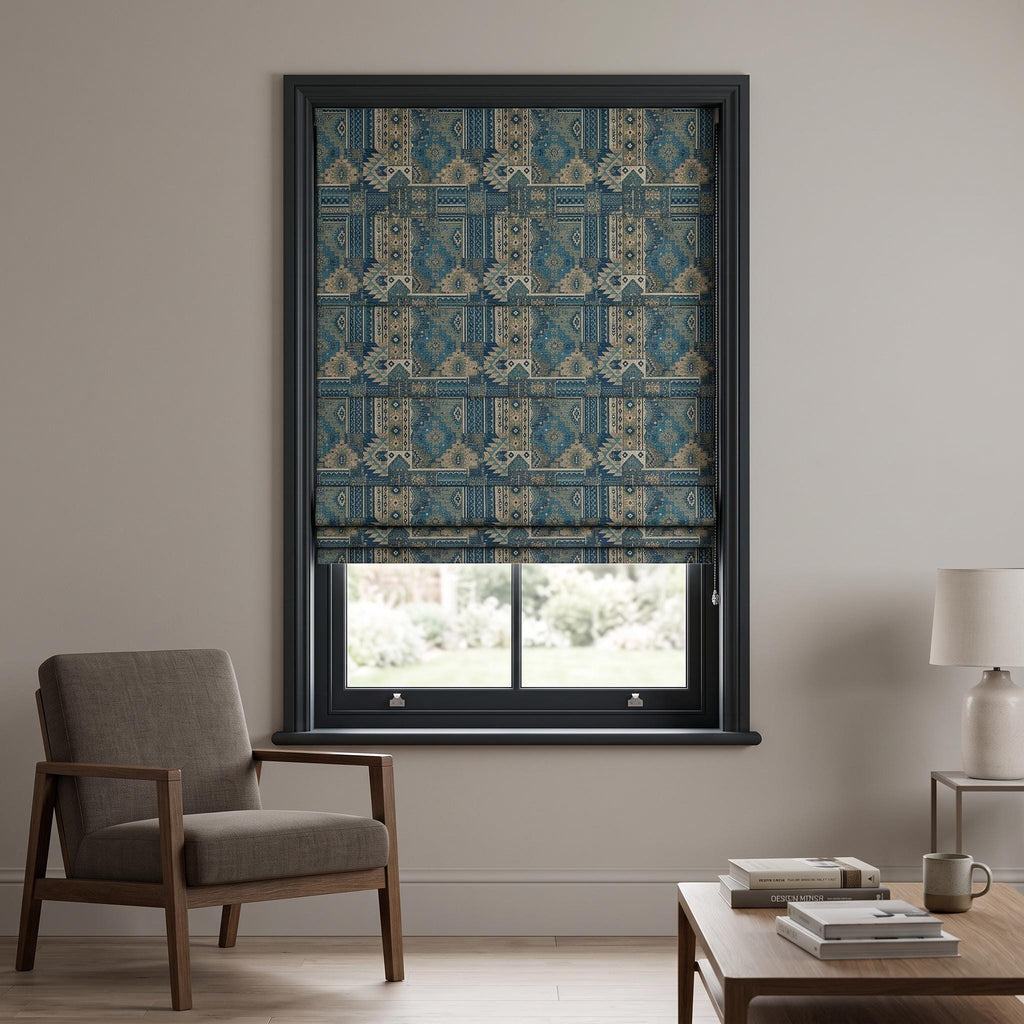 Blue Southwestern Roman Shade, Custom Upholstery Fabric Window Blind, Tribal Geometric Roman Blind, Rustic Boho Window Treatment