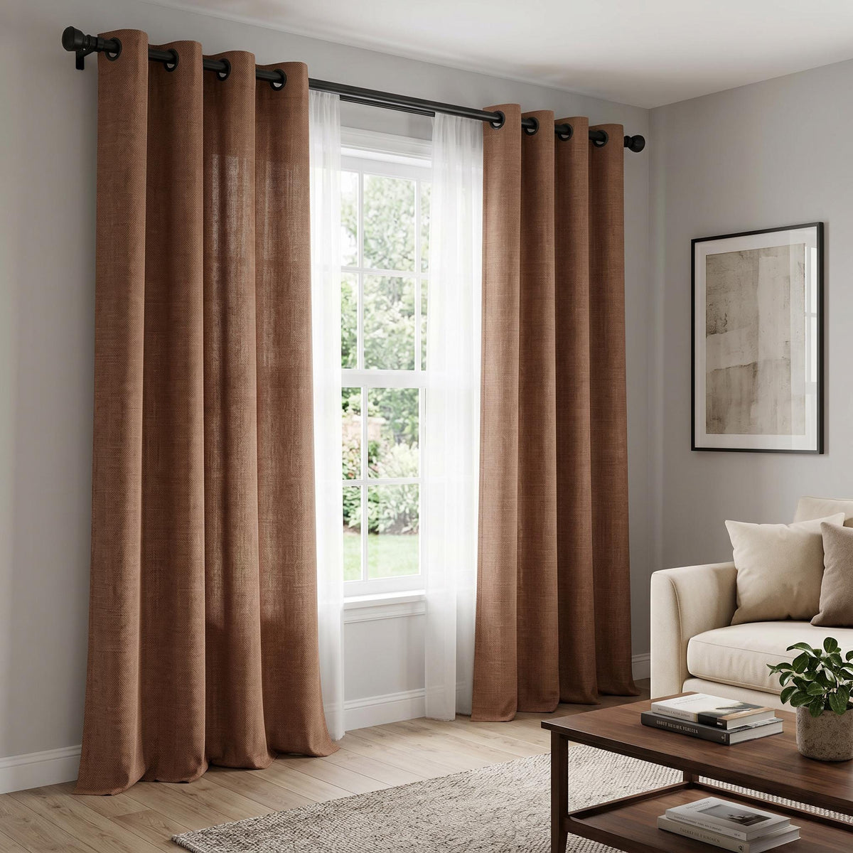 Terracotta Linen Look Curtains, Rust Brown Curtains, Solid Light Filtering Drapes, Custom Living Room Curtain Panel