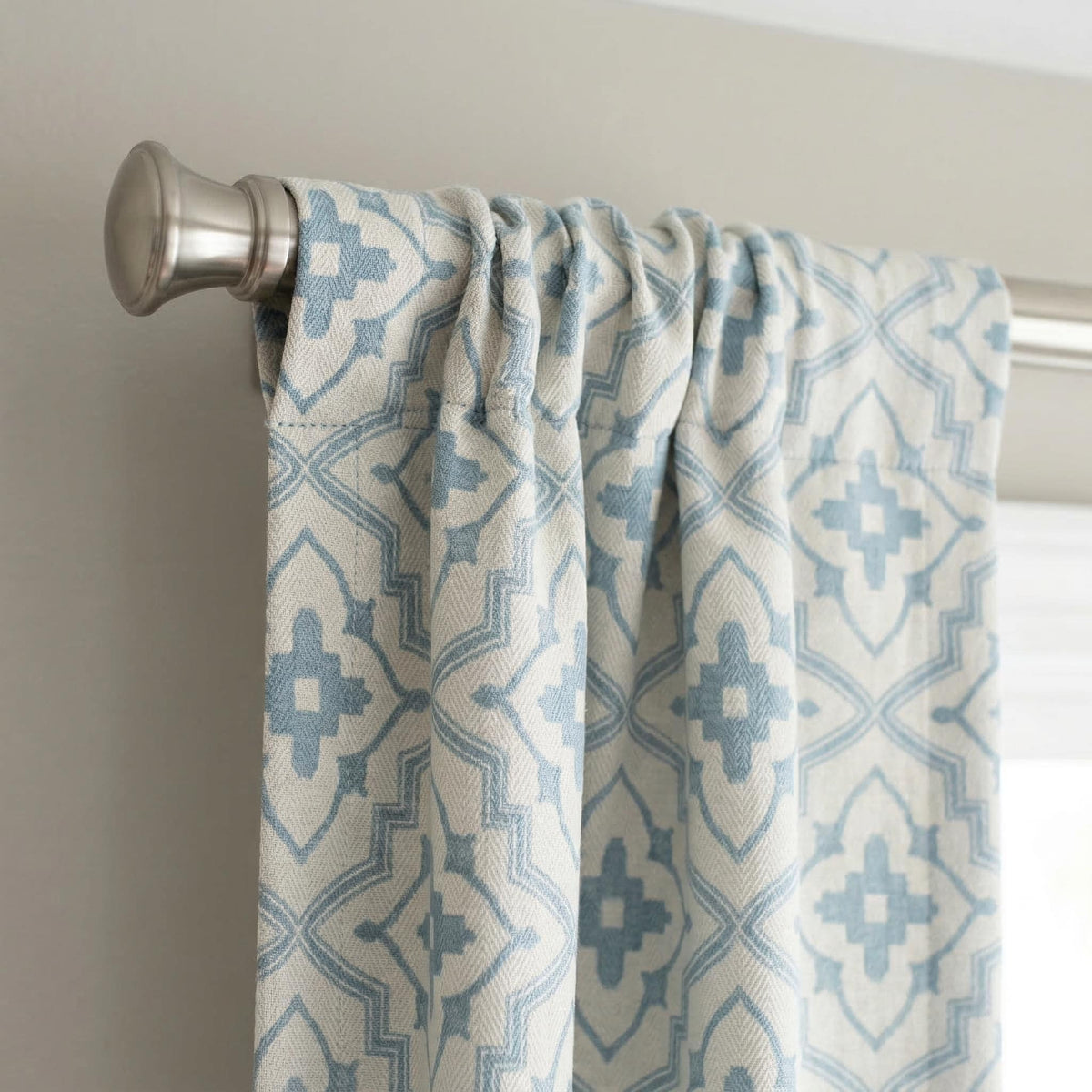 Blue Geometric Print Curtains, Modern Farmhouse Window Drapes, Ivory Light Blue Pattern