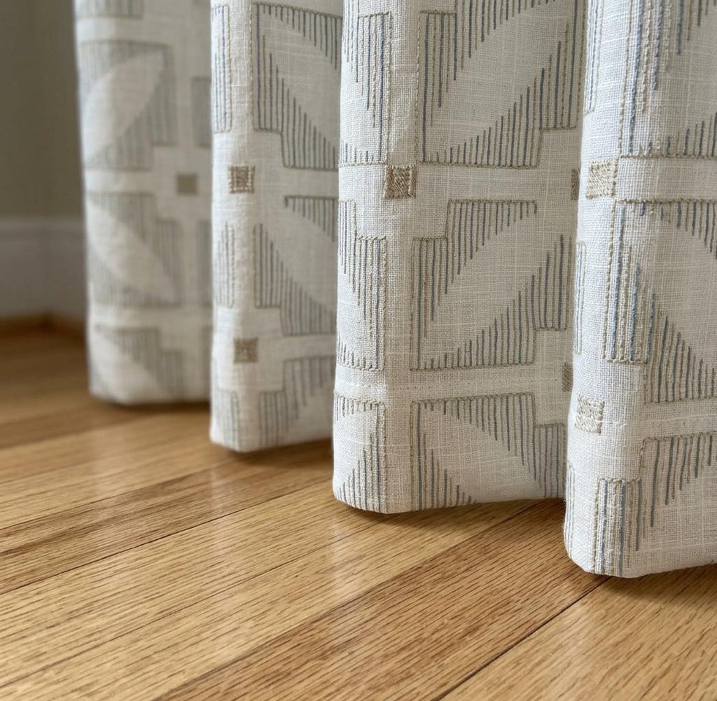 Modern Geometric Embroidered Curtains, Linen Look Curtain Panels, Neutral Beige Custom Drapes, Farmhouse Window Treatments