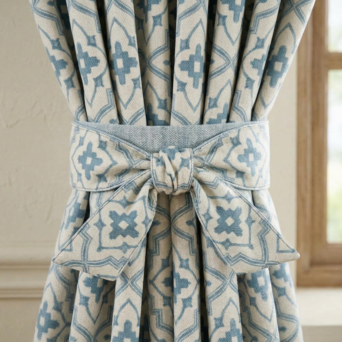 Blue Geometric Print Curtains, Modern Farmhouse Window Drapes, Ivory Light Blue Pattern