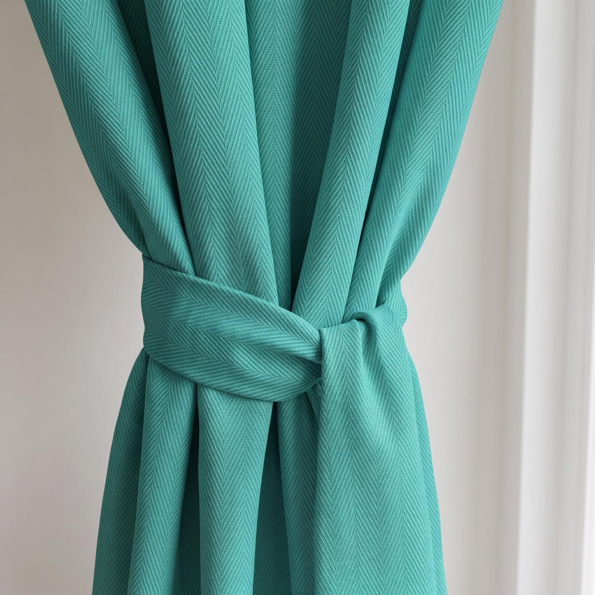 Custom Sea Green Herringbone Curtains | 100% Cotton Textured Window Drapes for Living Room & Bedroom | Handmade Light Filtering or Blackout