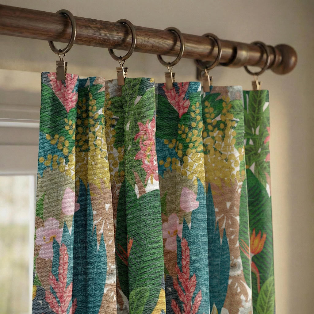 Tropical Botanical Curtains ,Bold Floral Linen Look Drapes , Green Pink Jungle Print – Custom Window Panels ,Living Room Bedroom Decor