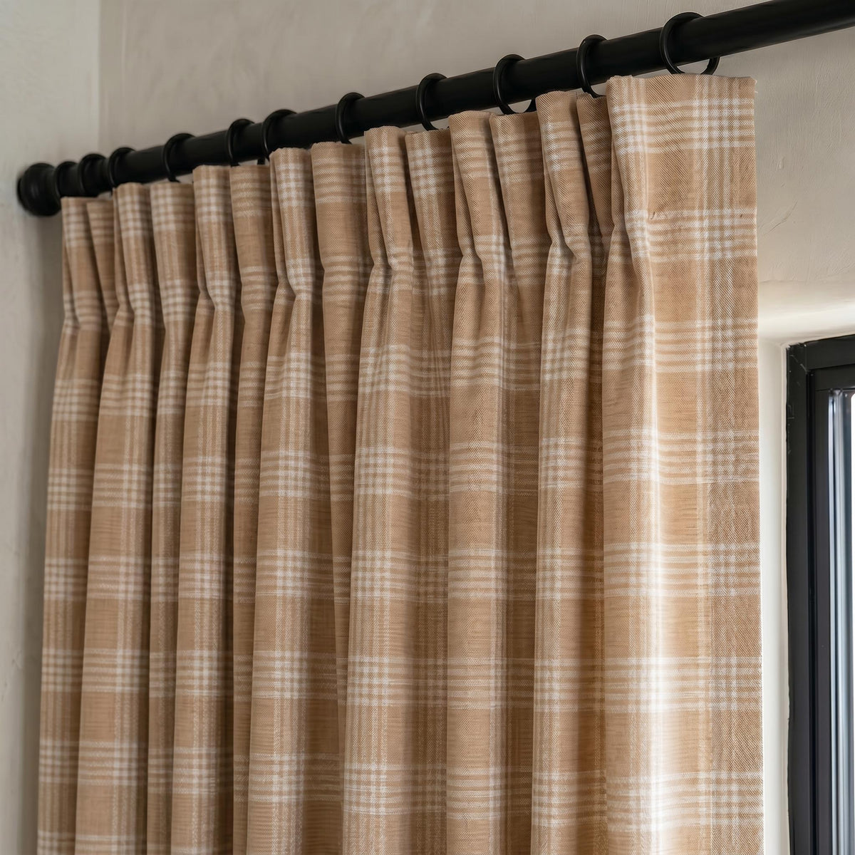 Warm Tan Plaid Curtains, Camel Check Linen Look Curtain Panel, Farmhouse Window Drapes, Custom Rod Pocket Curtains