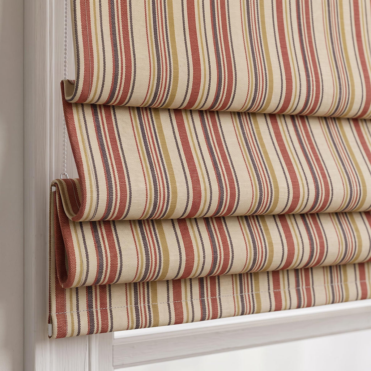 Farmhouse Roman Shade | Custom Stripe Window Blind | Red Beige Woven Fabric Shade | Rustic Window Treatment