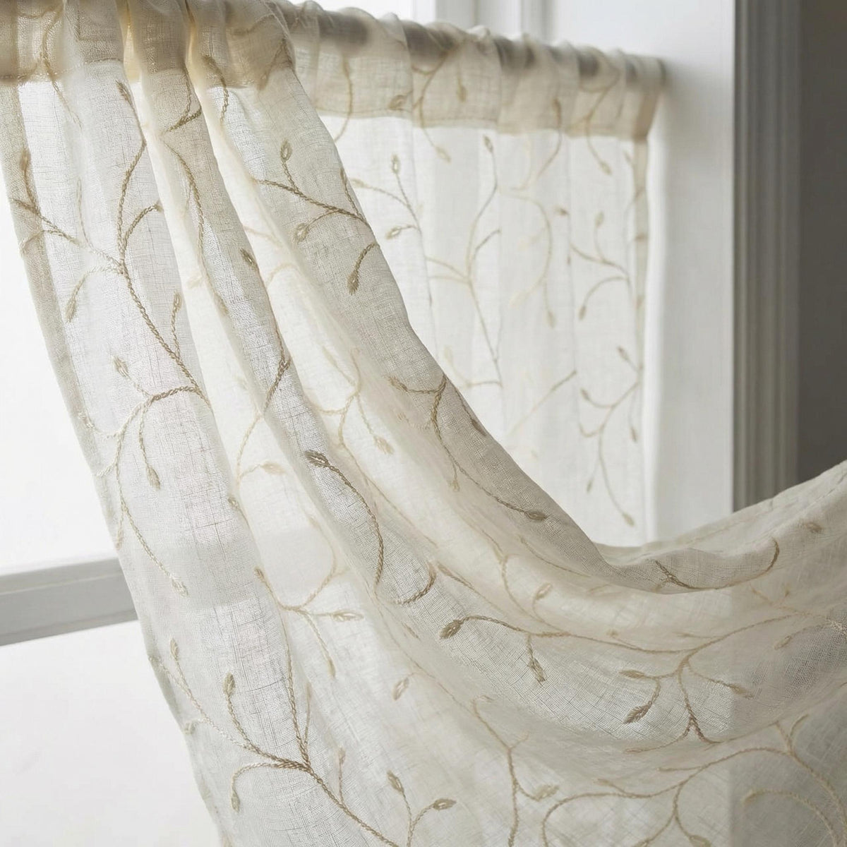 Sheer Embroidered Vine Curtains | Neutral Floral Window Panels | Light Filtering Linen Look Drapes | Custom Size Curtains