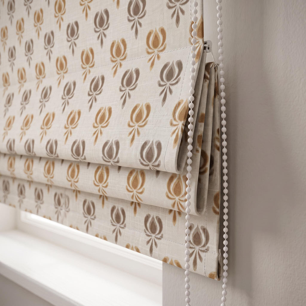 Neutral Floral Woven Linen Roman Shade, Mustard Beige Tulip Window Blind, Earthy Botanical Pattern Shade, Blackout or Light Filter