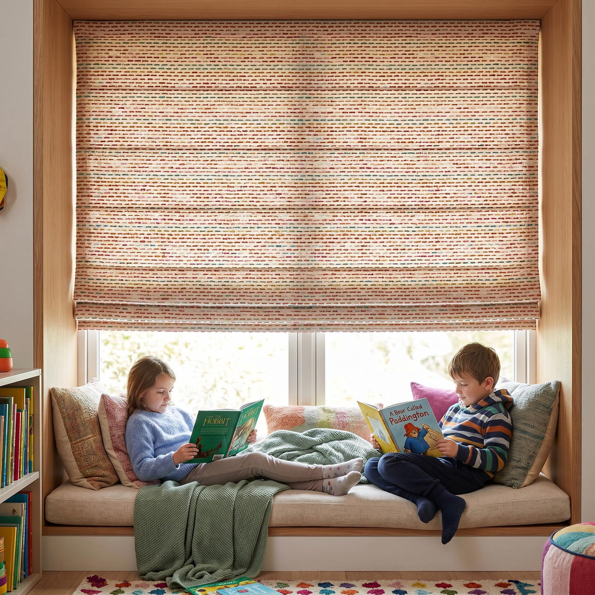 Colorful Embroidered Roman Shade, Textured Ivory Roman Blind, Multi Color Dash Fabric Window Shade, Kids Room Nursery Roman Curtain