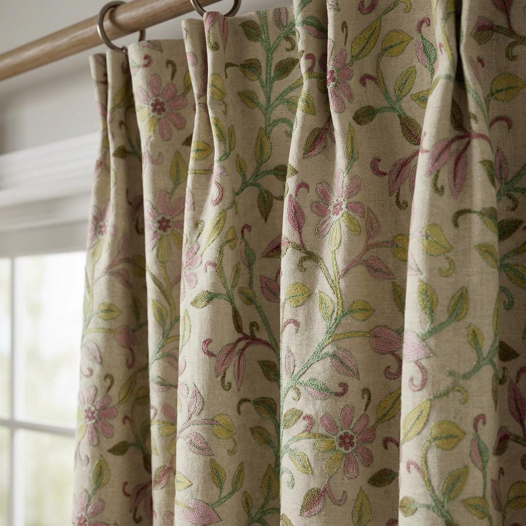 Beige curtains with a soft pink and green botanical floral pattern.
