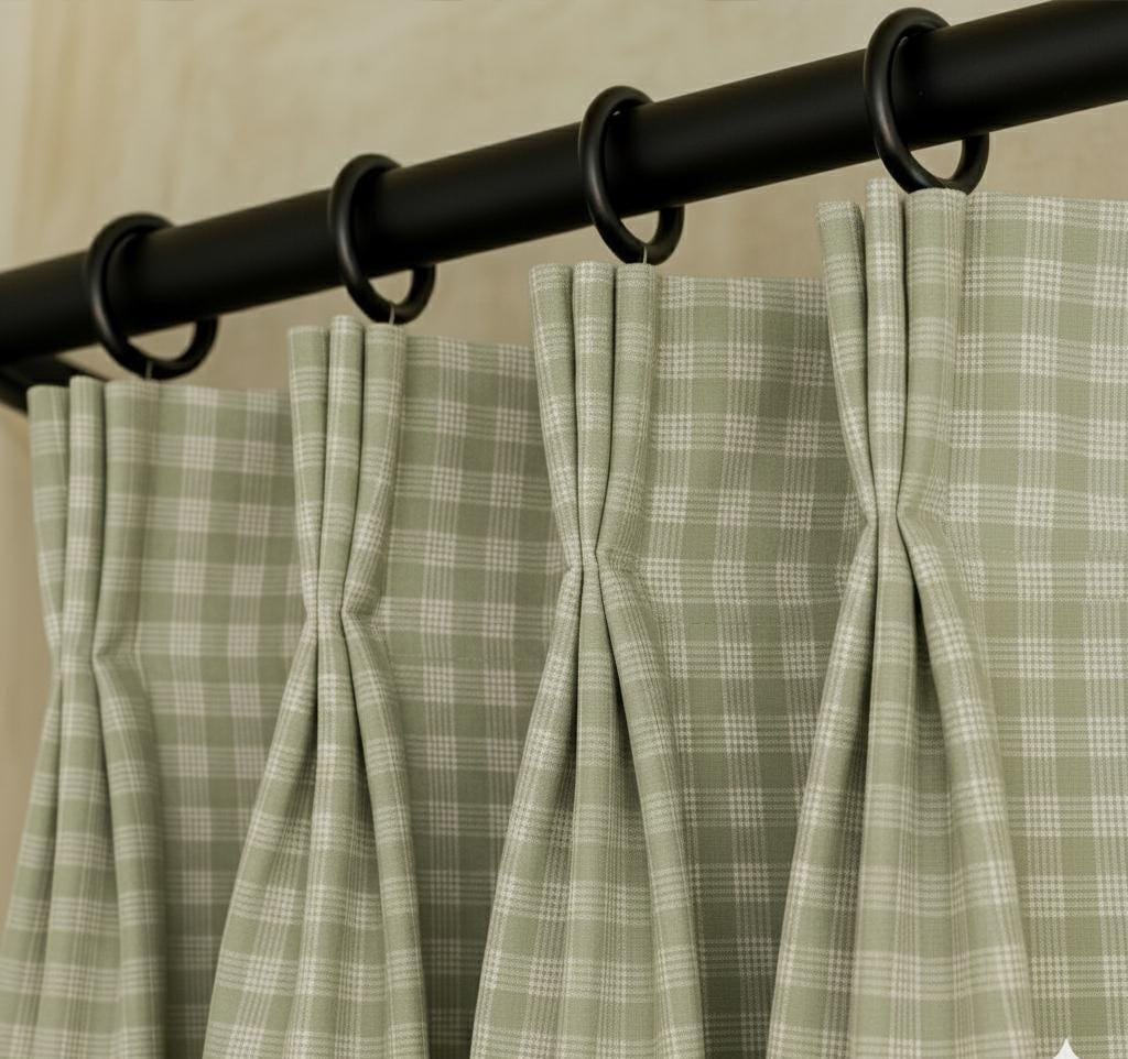 Sage Green Plaid Curtains – Pinch Pleat Linen-Look Drapes, Blackout Option