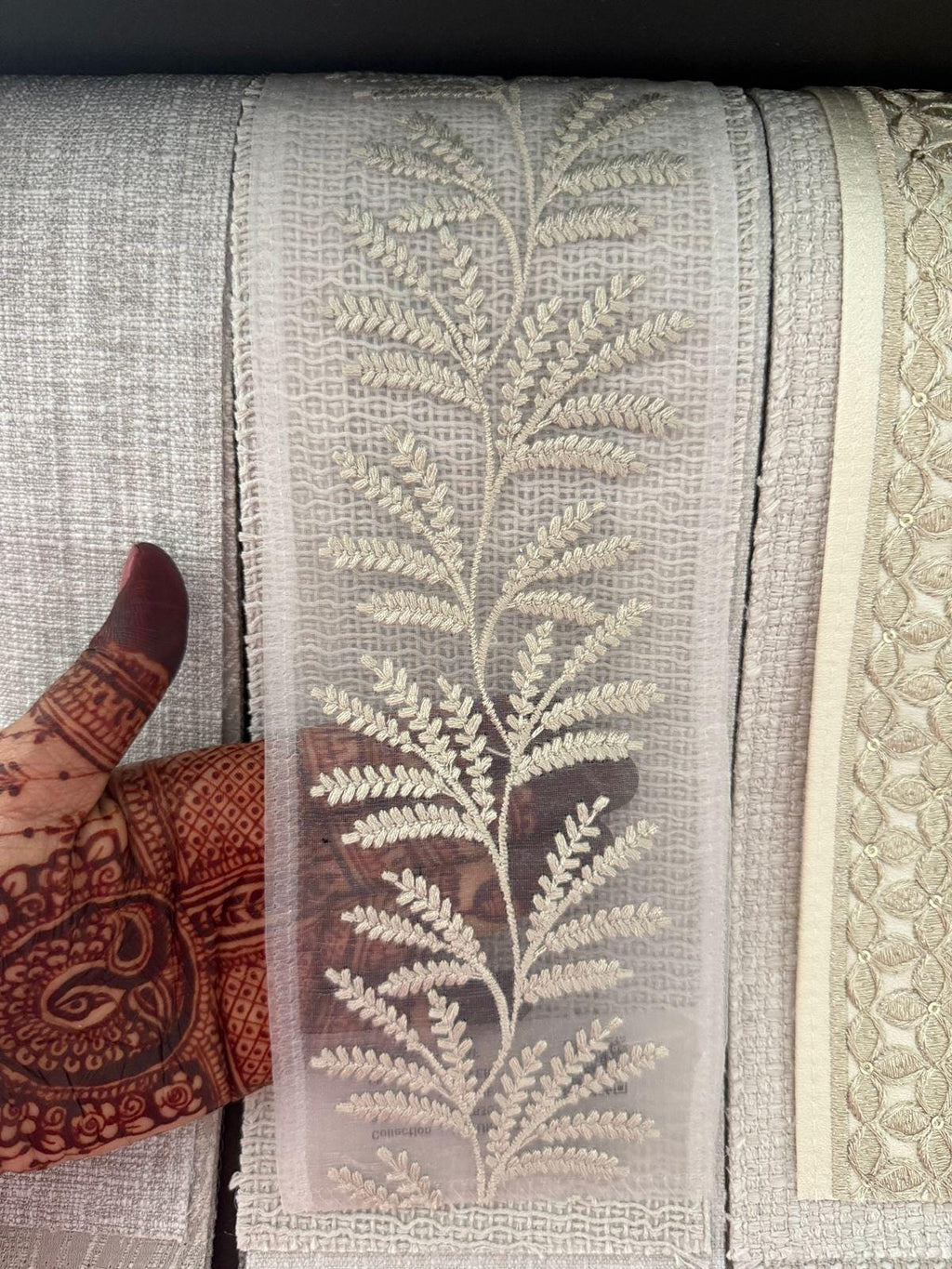 Champagne Leaf Embroidered Organza Trim: Ivory Lace Border, 10 cm Wide