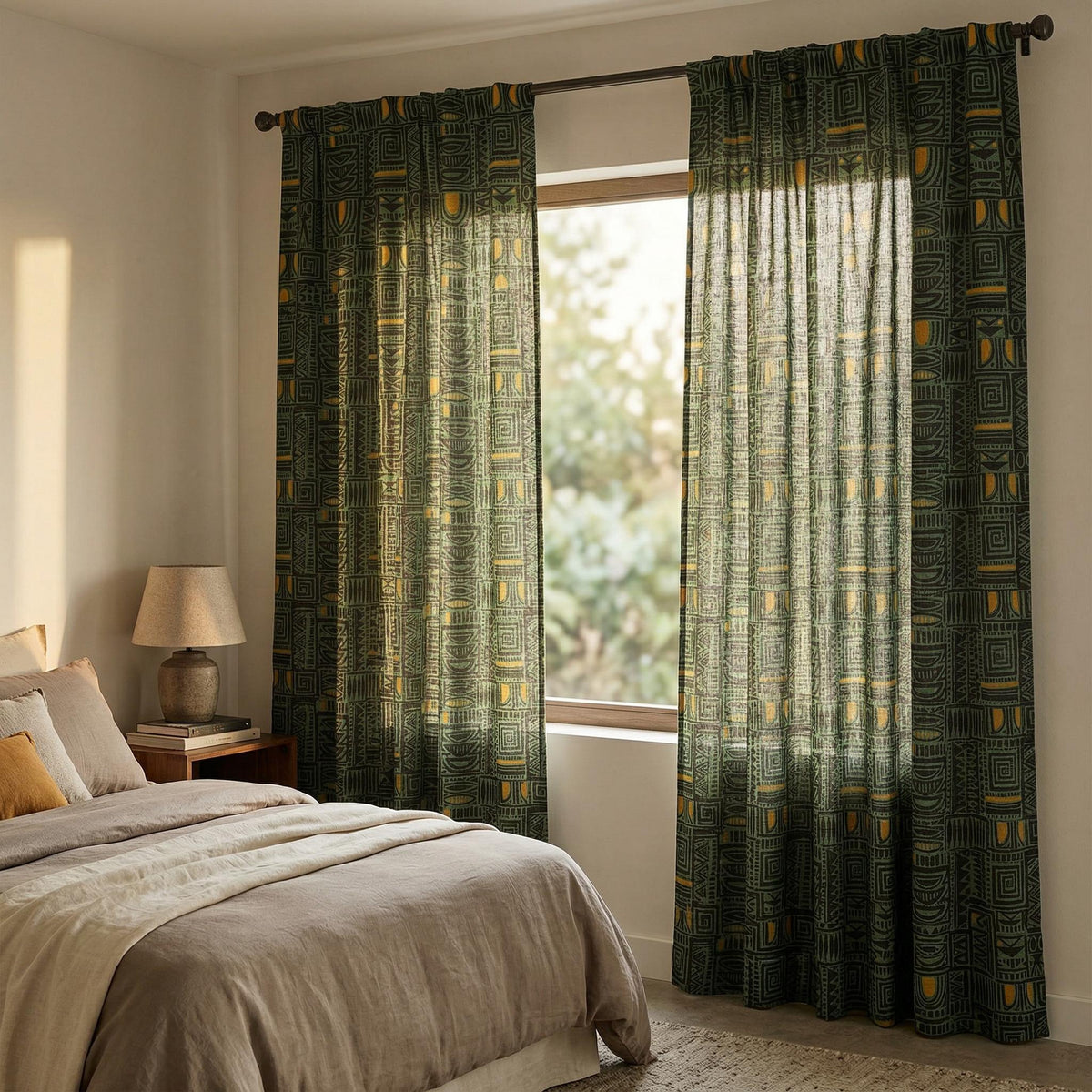 Dark Green Tribal Curtains, Boho Geometric Window Panels, Custom Drapes with Blackout or Privacy Lining, Modern Home Decor