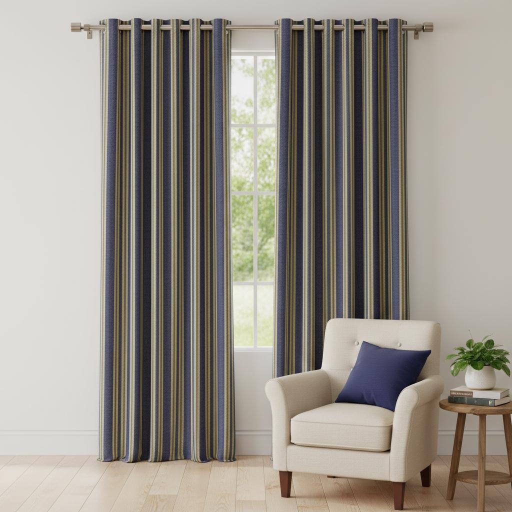 Blue & Beige Striped Curtains | Custom Made Rod Pocket Drapes | Linen Look Window Curtains | Farmhouse Coastal Bedroom Living Room