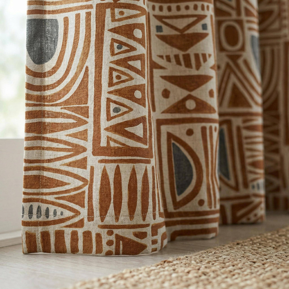 Tribal Boho Geometric Curtains – Rust Brown & Neutral Modern Drapes – Custom Window Panels