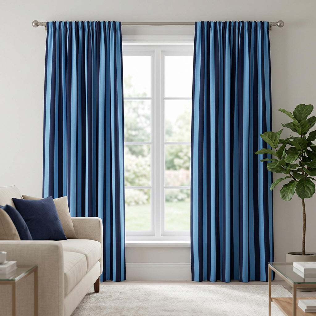 Blue Striped Block Print Curtains, Navy Sky Blue Drapes, Custom Rod Pocket Curtain Panel, Coastal Home Decor