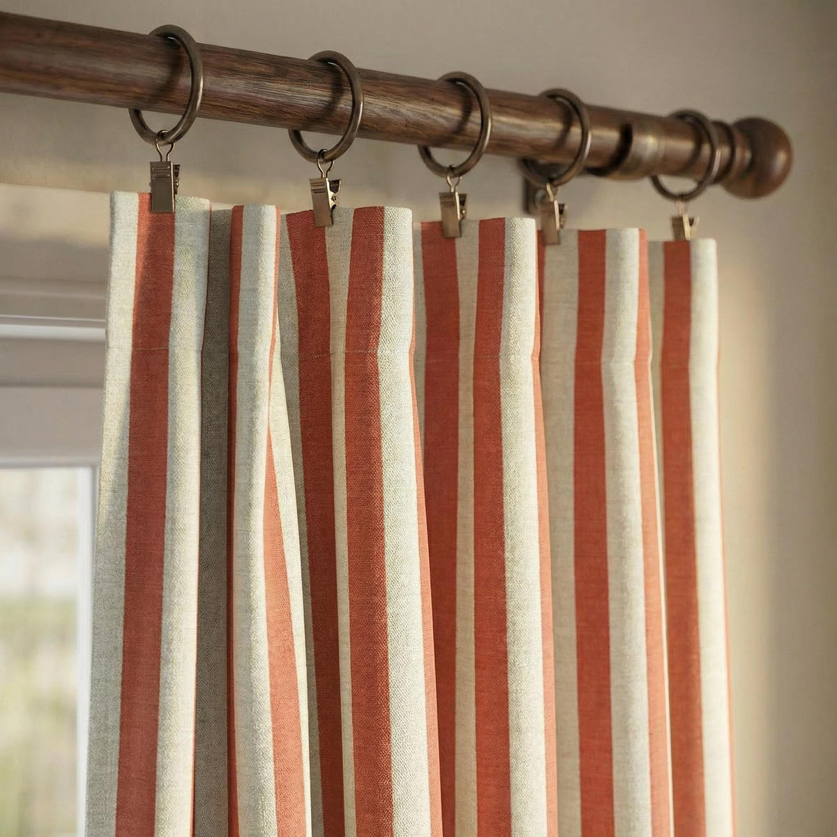 Rust Stripe Curtains, Orange & Natural Linen Look Drapes | Modern Farmhouse Custom Panels