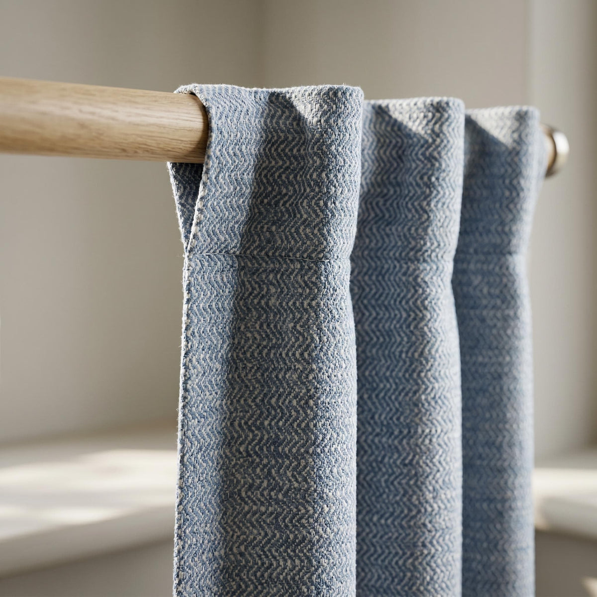 Blue Herringbone Cotton Linen Curtains, Custom Textured Drapes, Grommet Window Panels for Bedroom Living Room