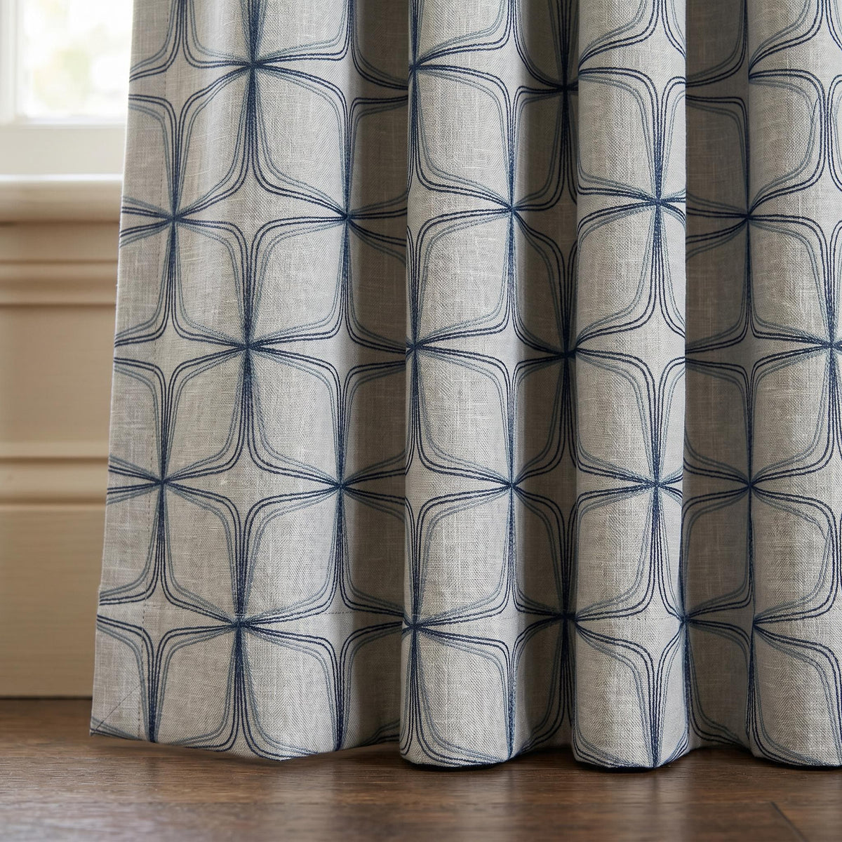 Geometric Embroidered Linen Curtain, Modern Navy Blue Drapes, Designer Window Panel, Custom Curtain, Neutral Contemporary Curtains