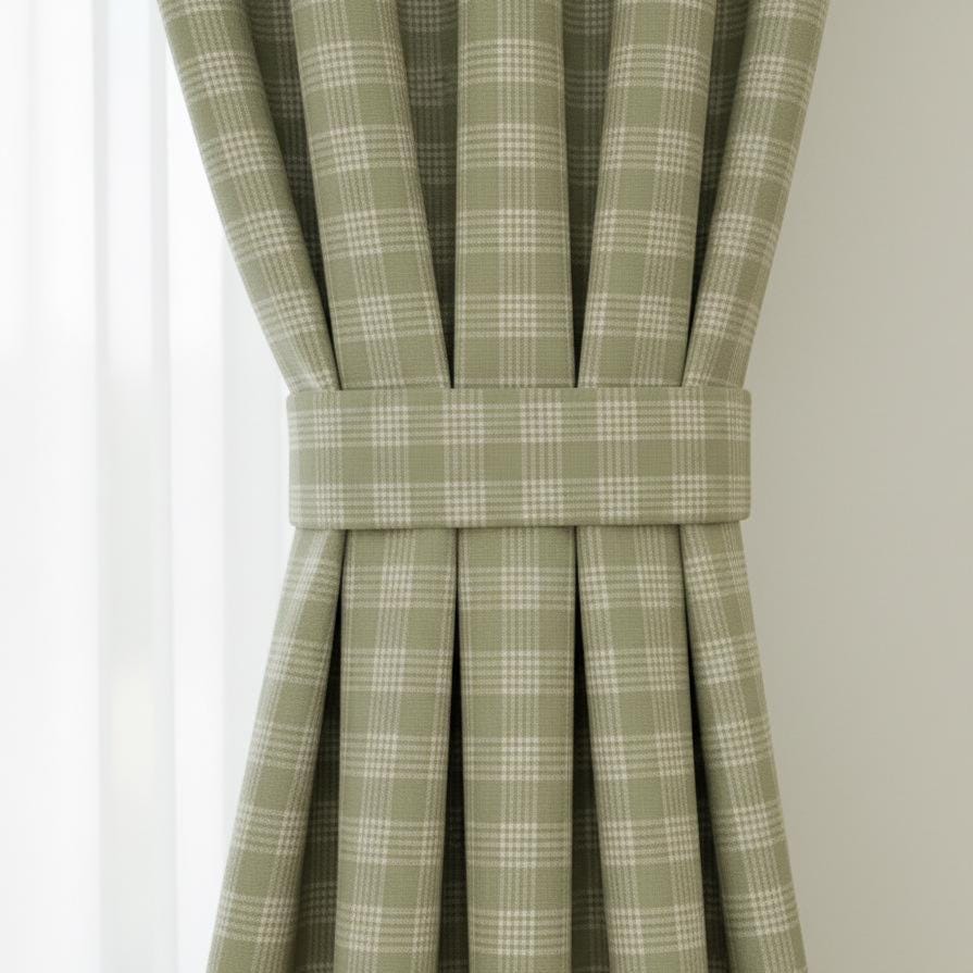 Sage Green Plaid Curtains – Pinch Pleat Linen-Look Drapes, Blackout Option