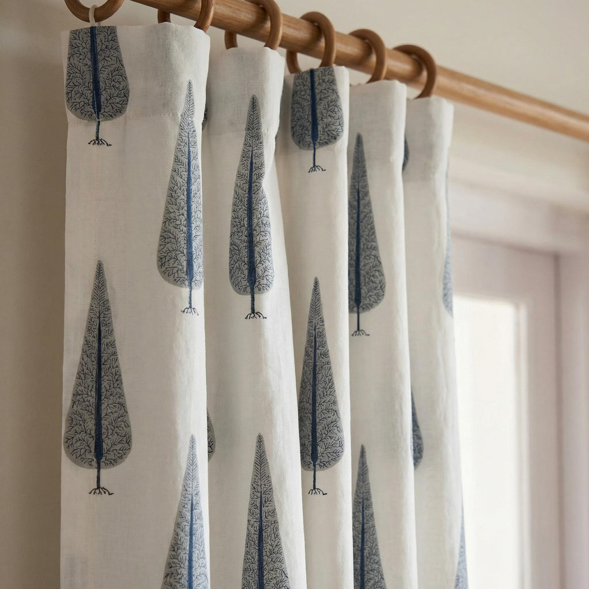 Modern Blue Tree Print Curtains | Scandinavian Botanical Drapes | Custom Size Organic Cotton Window Treatment | Sleek Grommet or Hook Top