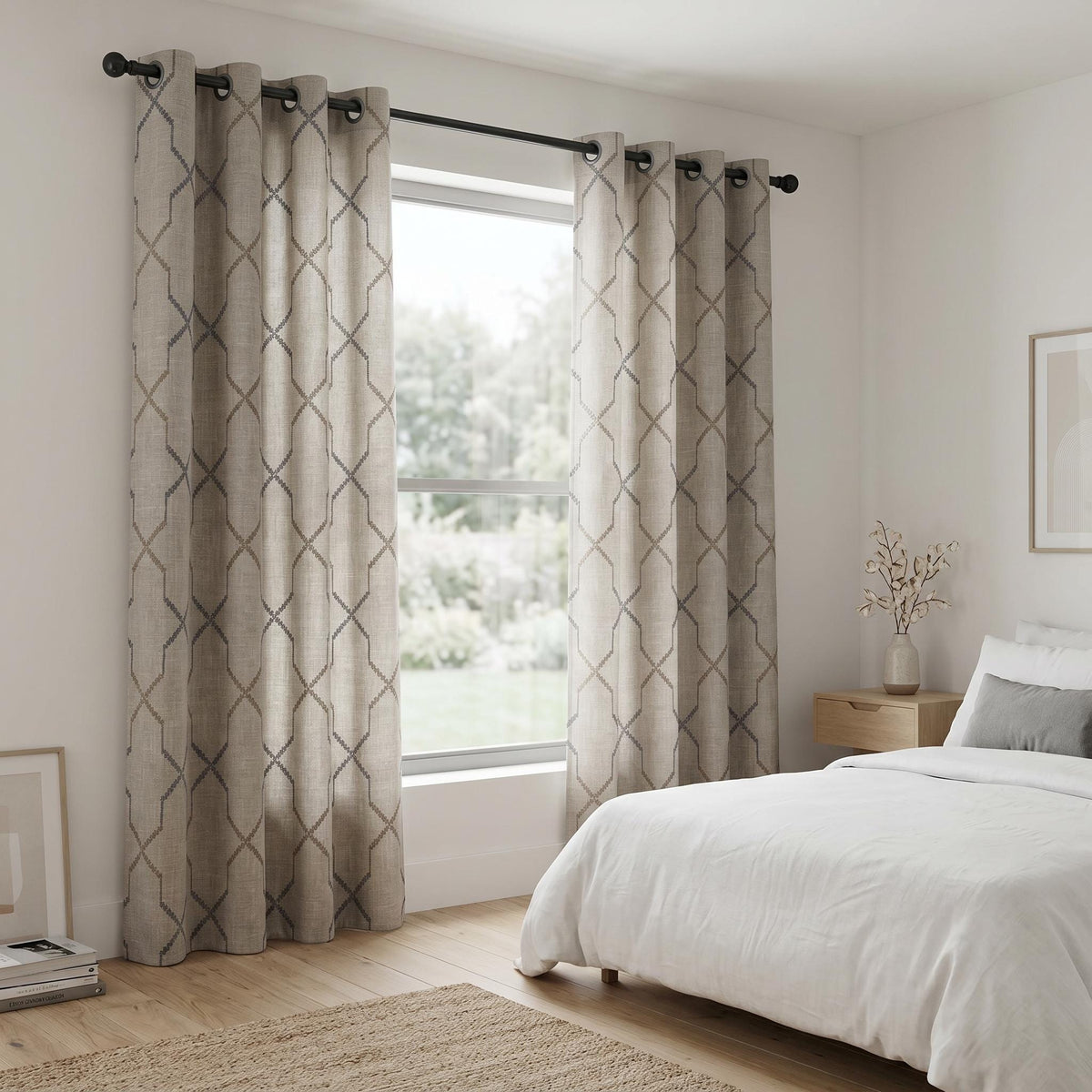 Modern Embroidered Linen Curtains, Geometric Trellis Drapes, Neutral Taupe Curtain Panels, Custom Curtains