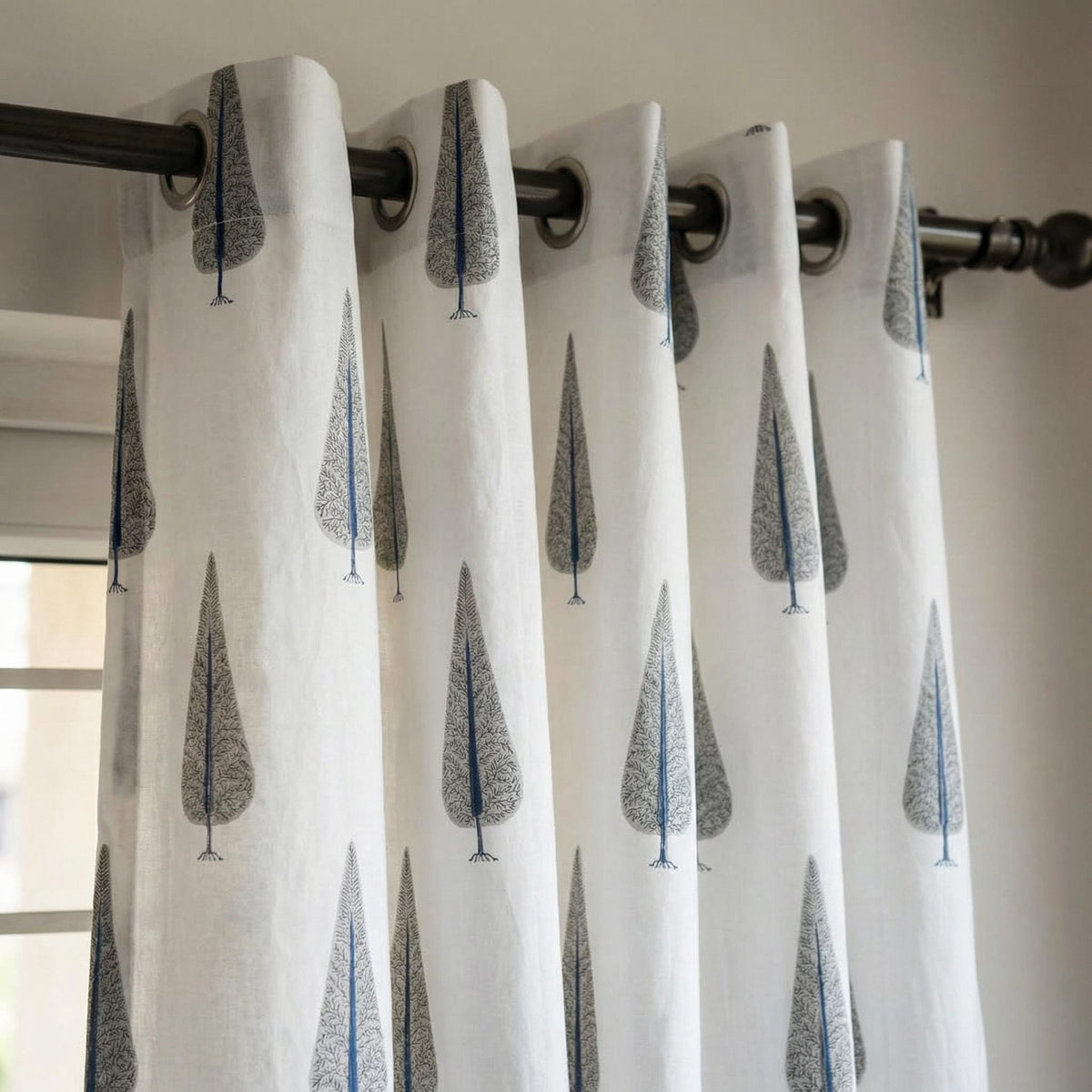 Modern Blue Tree Print Curtains | Scandinavian Botanical Drapes | Custom Size Organic Cotton Window Treatment | Sleek Grommet or Hook Top