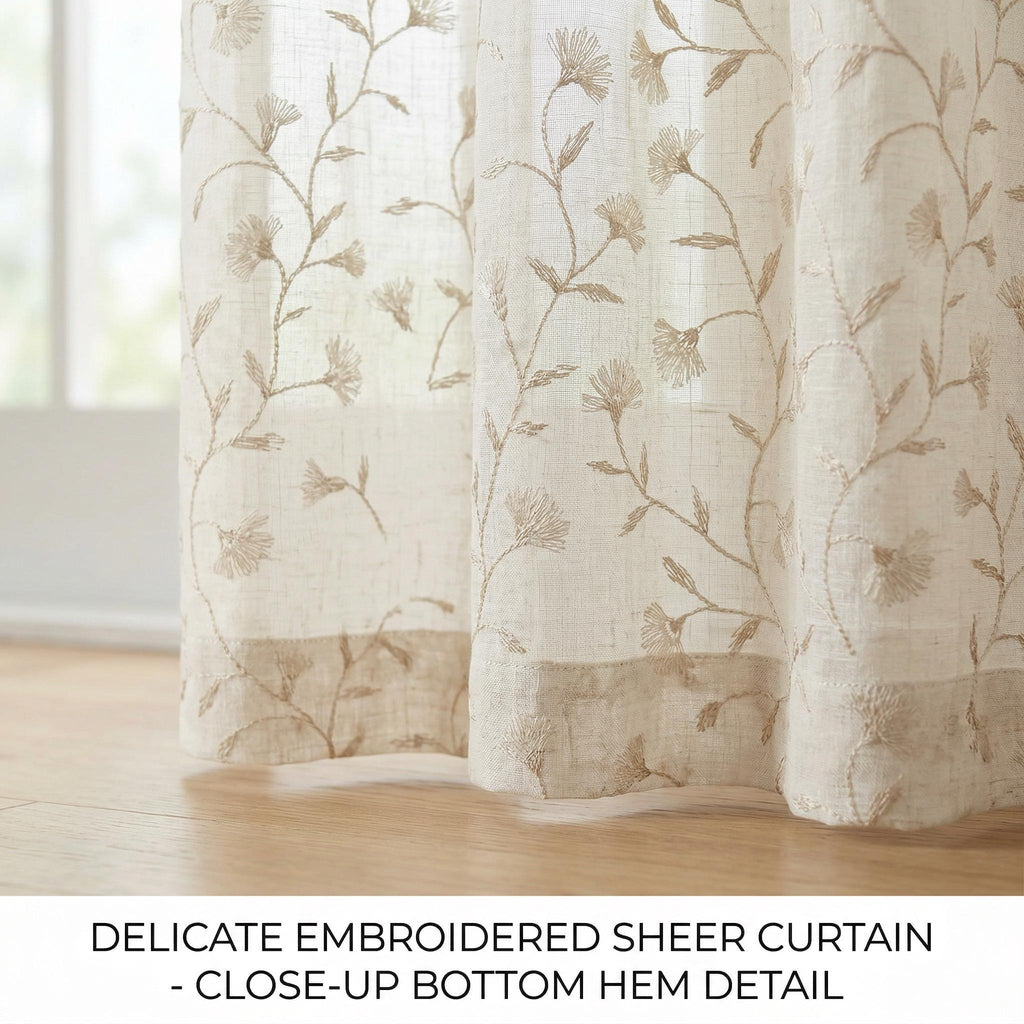 Embroidered Floral Sheer Curtain Panel | Linen Look Beige Window Drapes (Custom Size)