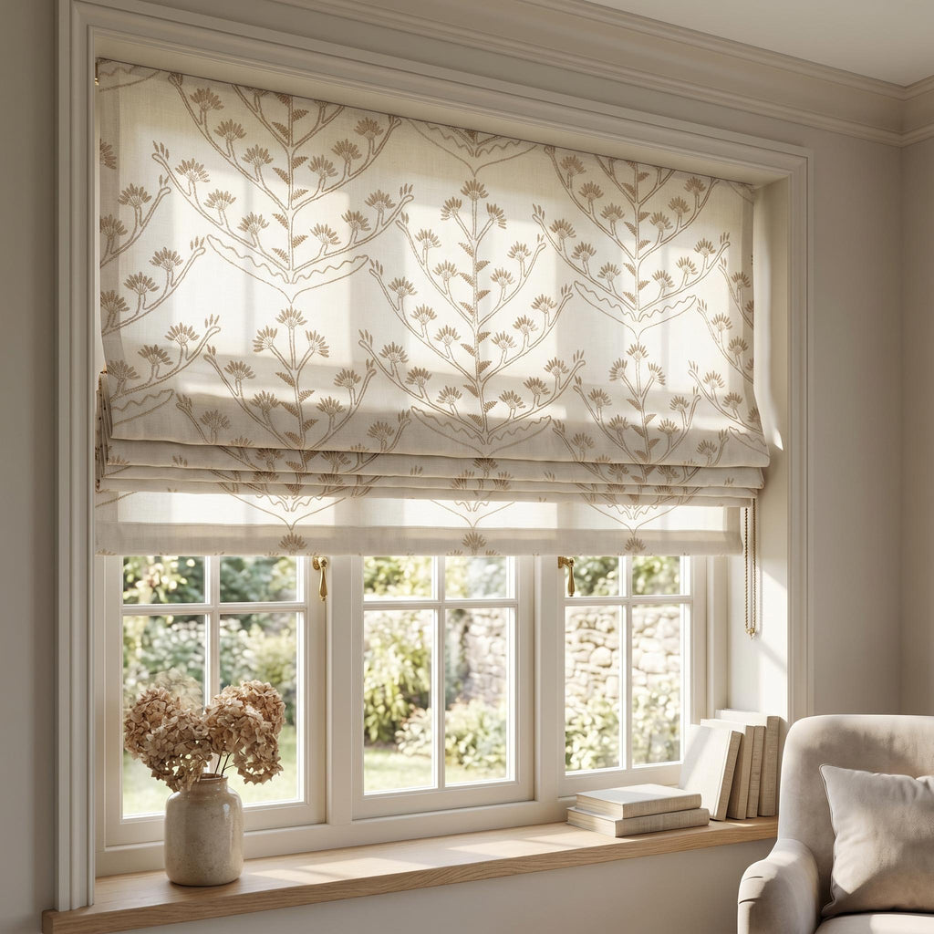 Botanical Roman Shade, Linen Roman Blind, Beige Floral Window Shade, Custom OEKO TEX Curtain, Neutral Nursery Kitchen Shade