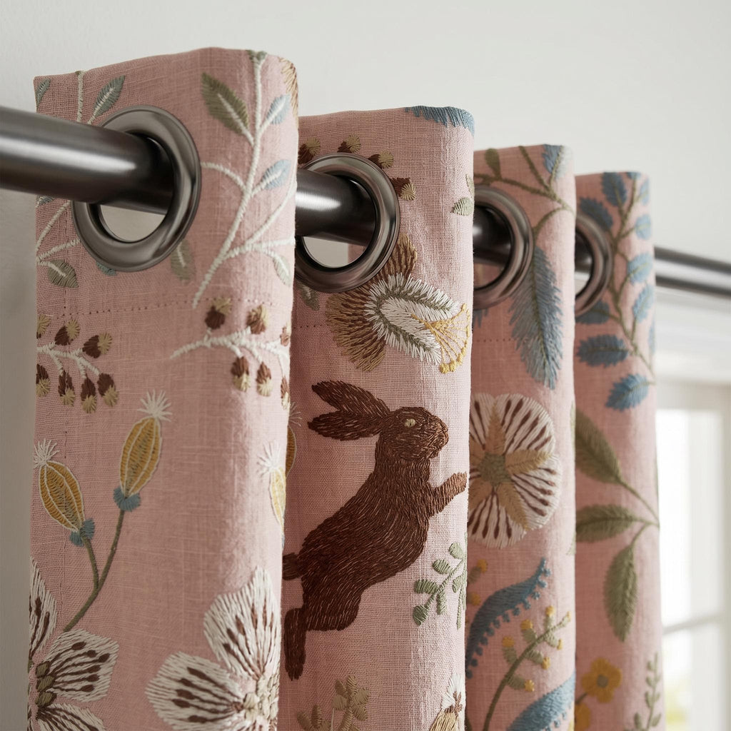 Embroidered Woodland Custom Blackout Curtains – Bunny Floral Nursery Drapes, Linen Blend Panels