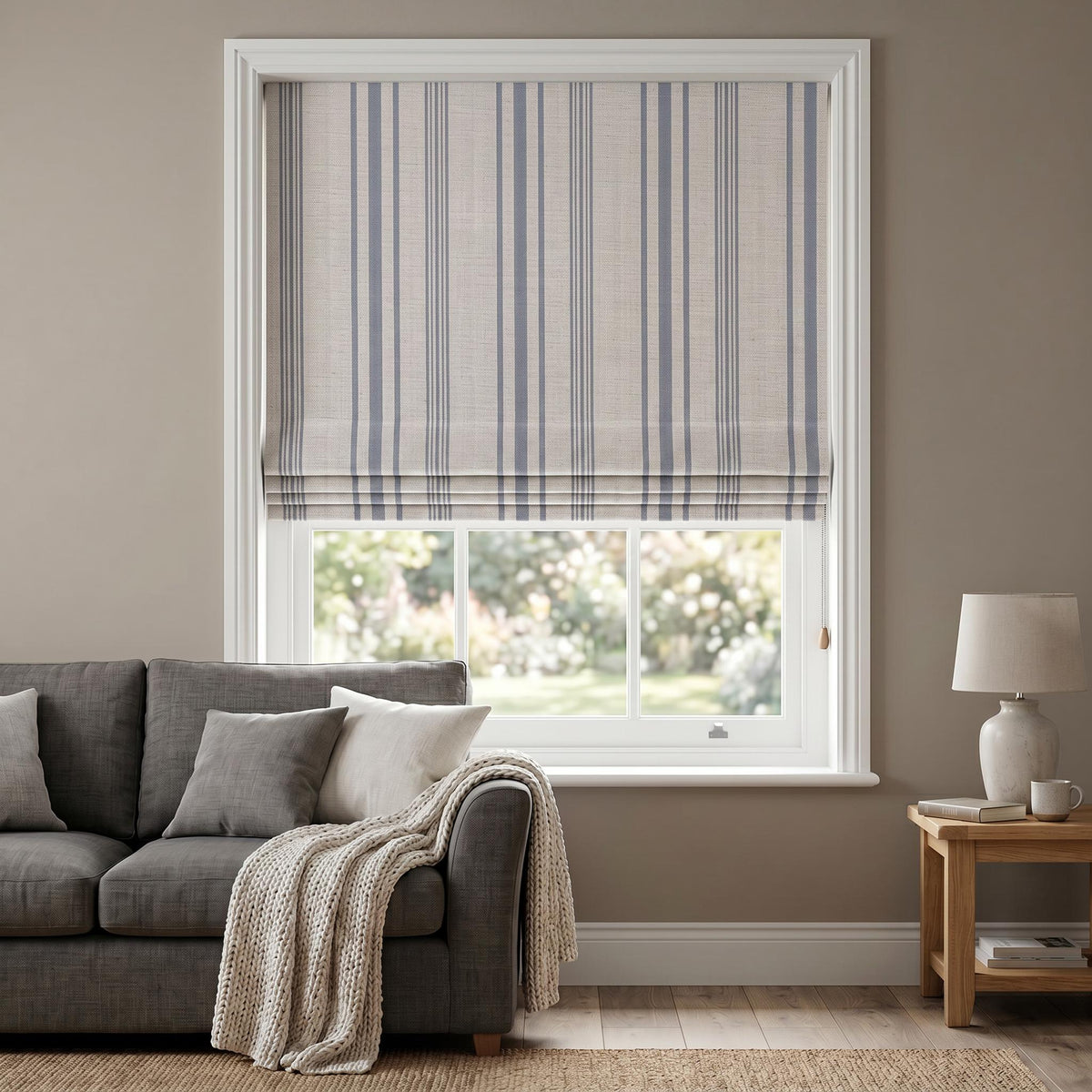 Custom Blue Striped Roman Shade, Linen Roman Blind, Coastal Farmhouse Window Treatment, Blue Stripe Roman Curtain, Privacy or Blackout Shade