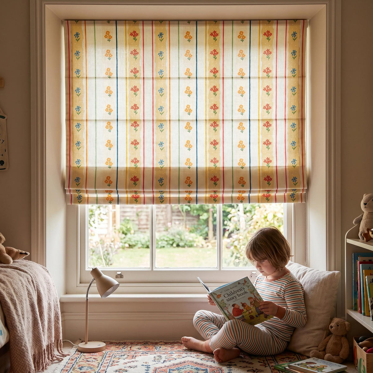 Colorful Floral Stripe Roman Shade, Kids Room Roman Blind, Nursery Window Treatment, Cottage Flower Curtain, Custom Roman Shade