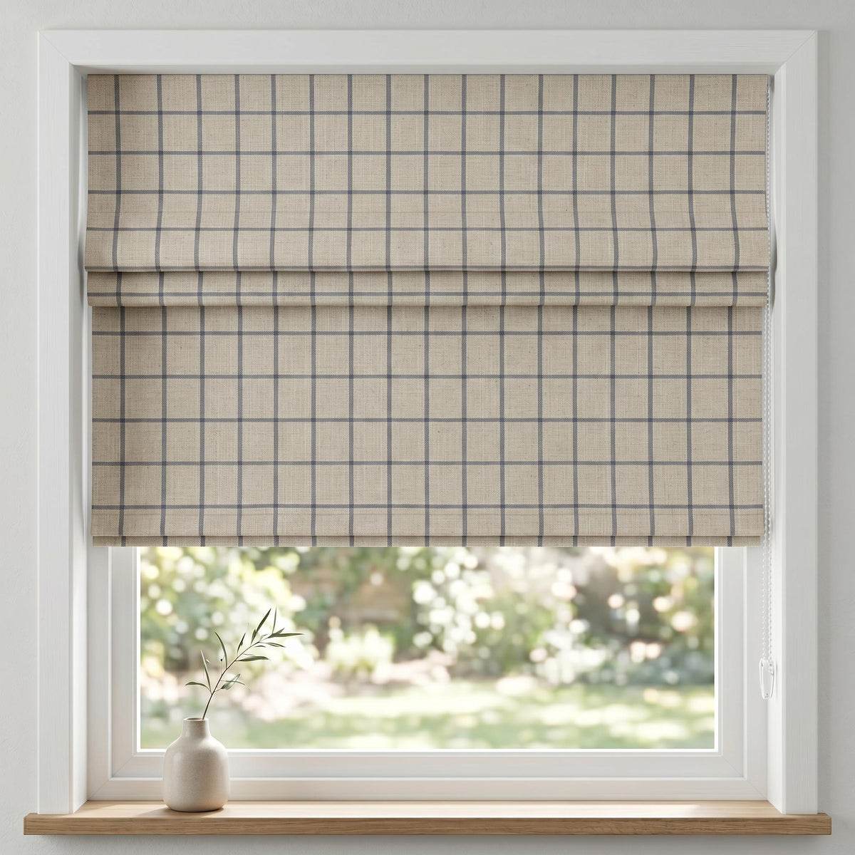 Beige Blue Check Roman Shade, Linen Look Windowpane Roman Blind, Farmhouse Plaid Window Treatment, Custom Kitchen Shade