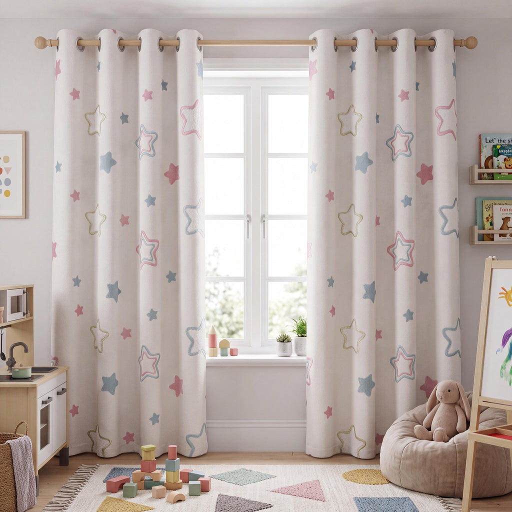 Embroidered Star Curtains, Cotton Kids Curtains, Pink Blue Star Drapes, Nursery Window Panels, Custom Bedroom Curtains