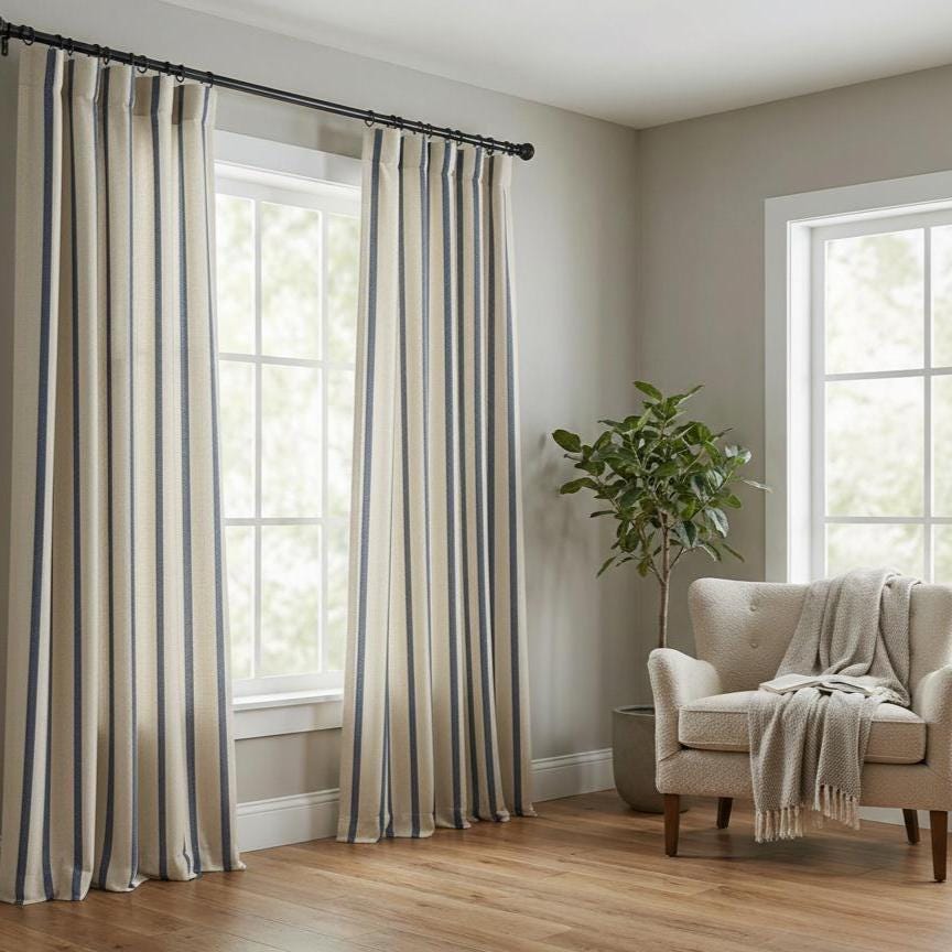 Scandinavian Striped Curtain – Natural Linen Look – Custom Sizes | Grommet Top | Farmhouse, Coastal, Minimalist Decor