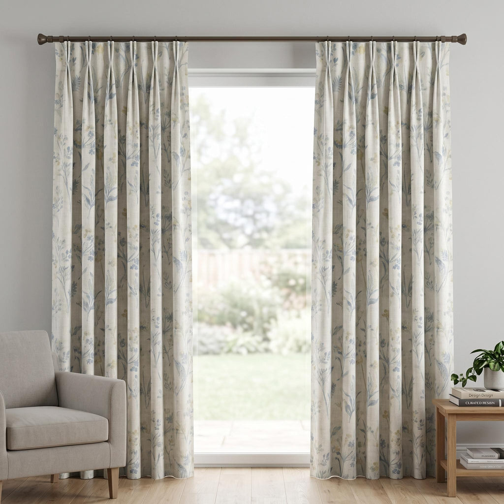 Blue Botanical Drapes, OEKO TEX Linen Panels, Custom Bedroom Window Treatment