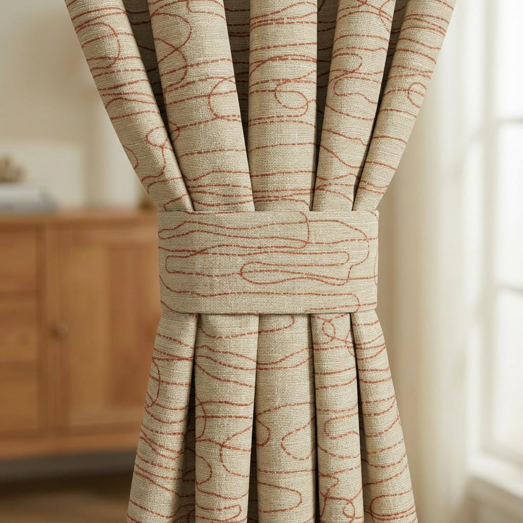 Abstract Line Linen Curtain, Beige Neutral Drapes with Rust Contour Design, Custom Made Modern Window Curtain