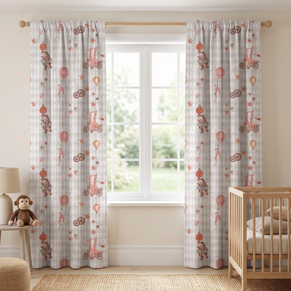 Pink Nursery Curtains | Vintage Circus Animals Drapes | Soft Giraffe & Monkey Playroom Window Treatments | Rod Pocket, Grommet, Hooks