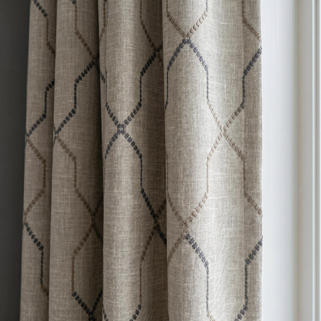 Modern Embroidered Linen Curtains, Geometric Trellis Drapes, Neutral Taupe Curtain Panels, Custom Curtains