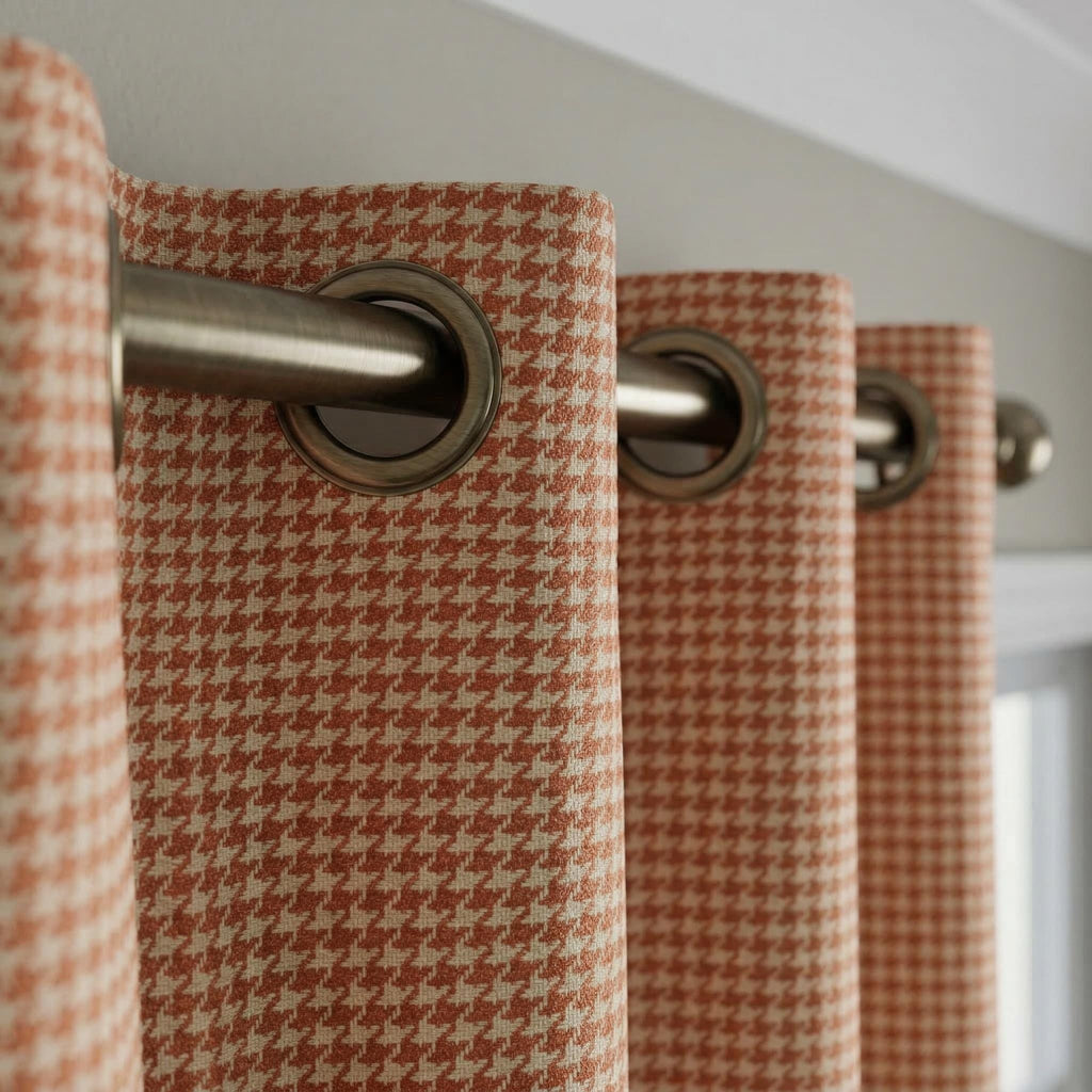 Terracotta Houndstooth Curtains, Rust Pattern Drapes, Custom Window Panels, Farmhouse Curtains, 4 Header Style Options Available