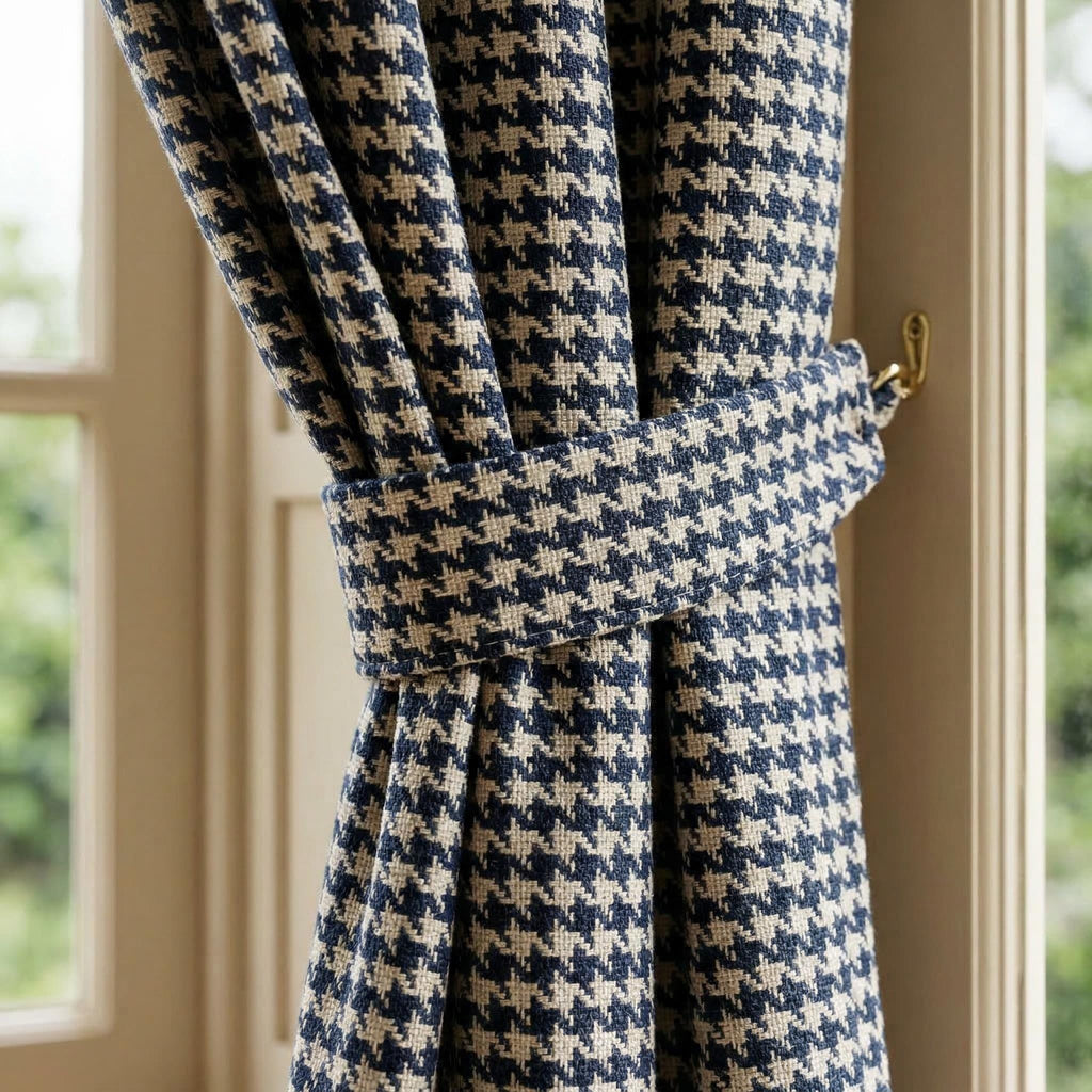 Navy Houndstooth Curtains, Grommet Top Drapes, Custom Size Window Panels, Modern Pattern Curtains for Living Room & Bedroom
